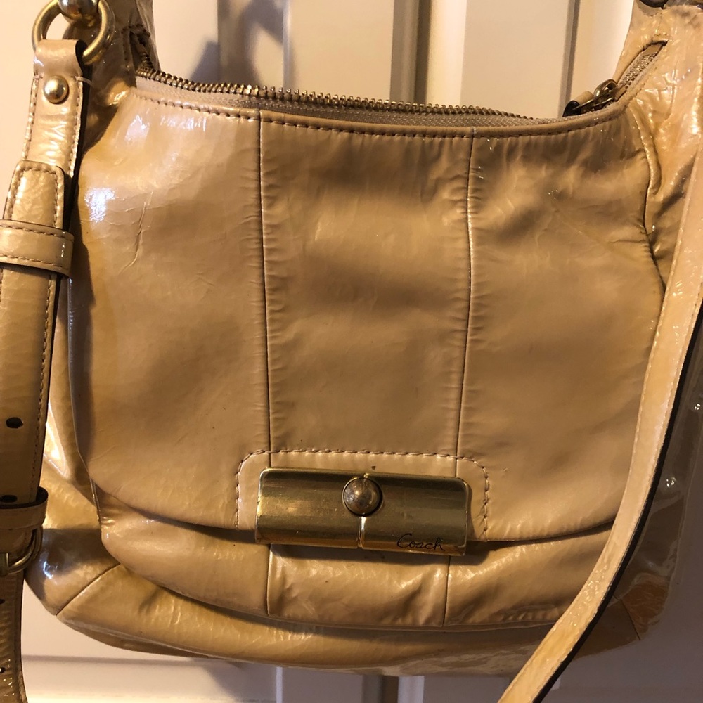 Beige Patent Leather Cross Body Coach Bag